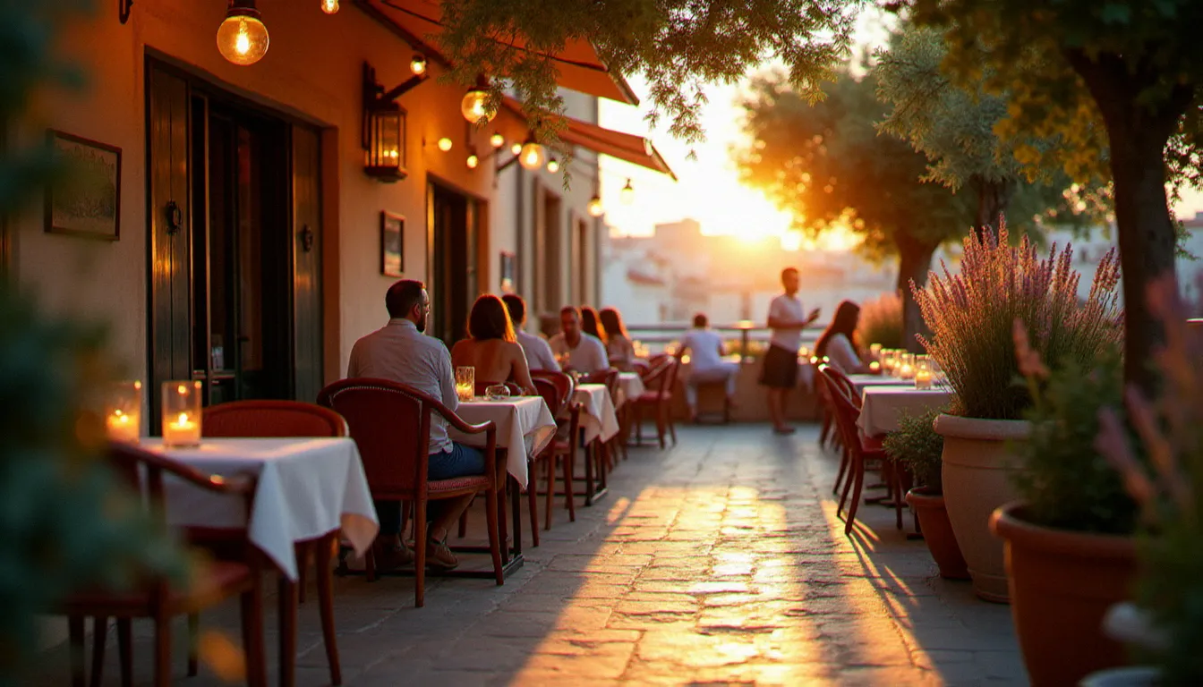 Terrasse estivale d'O Papa restaurant à Marseille au coucher du soleil, avec convives attablés dans une ambiance méditerranéenne chaleureuse et végétation provençale en décoration