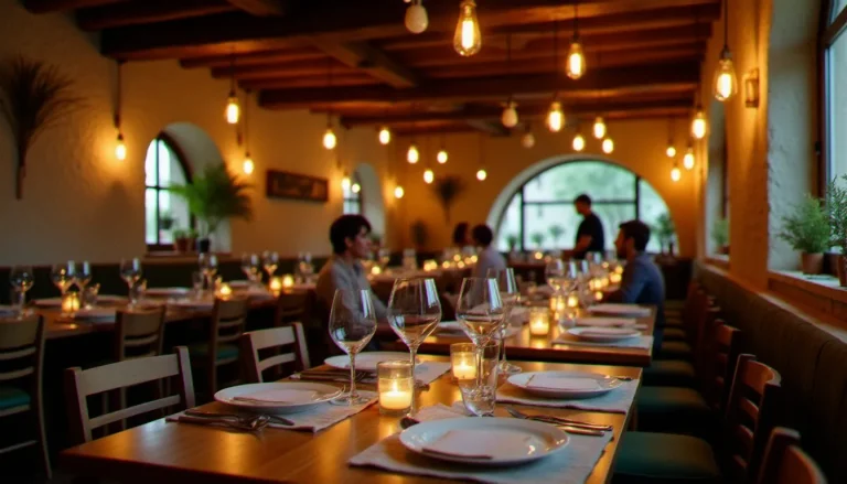 Salle chaleureuse du restaurant O Papa à Marseille, avec tables en bois et lumières ambrées lors d'un service du soir animé