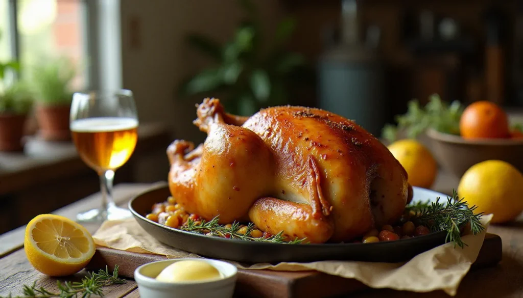 Poulet normand entier rôti et doré sur table en bois avec cidre du Calvados et crème fraîche épaisse, illustration authentique du o poulet caen