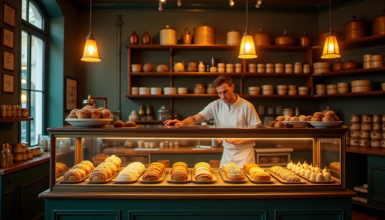 Pâtisserie française du début du XXe siècle avec vitrine de gâteaux, évoquant l'époque de la création du Paris-Brest par Louis Durand en 1910