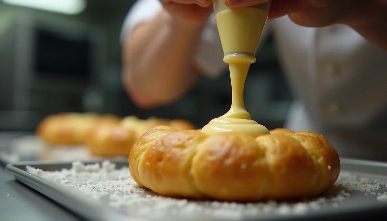 Chef pâtissier garnissant un Paris-Brest de crème mousseline pralinée dans une cuisine professionnelle, geste précis illustrant la technique traditionnelle héritée de l'origine du Paris-Brest