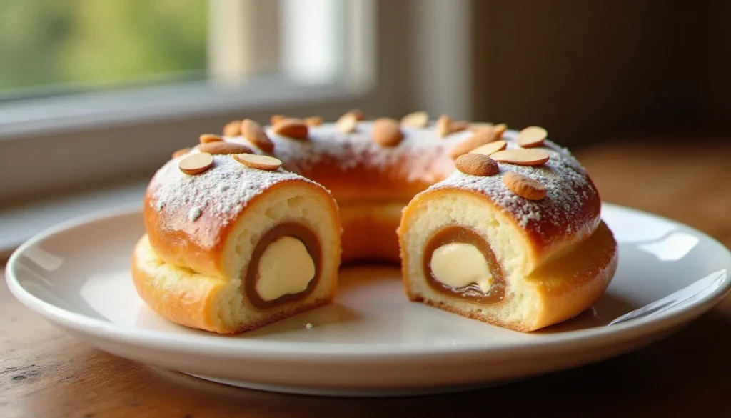 origine du paris brest featured Paris-Brest traditionnel en couronne garni de crème pralinée, illustrant l'origine du Paris-Brest et sa forme iconique de roue de bicyclette