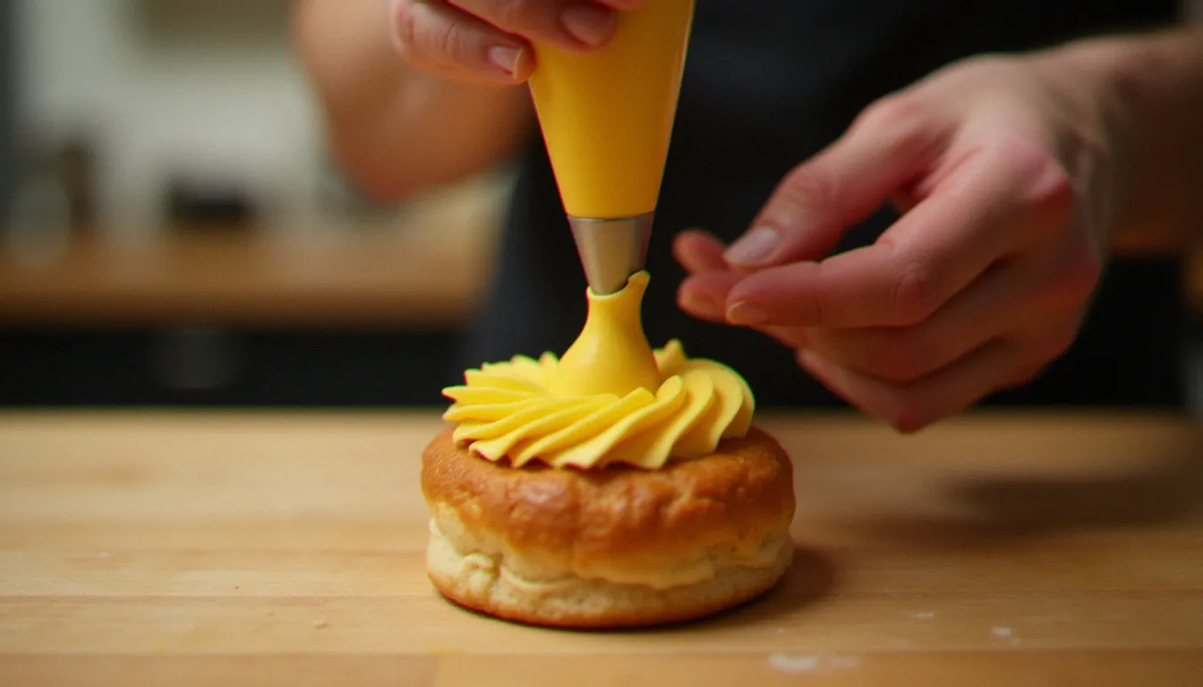 Mains d'un chef pâtissier pochant avec précision la crème mousseline au praliné dans une couronne de pâte à choux coupée pour réaliser un paris berst artisanal