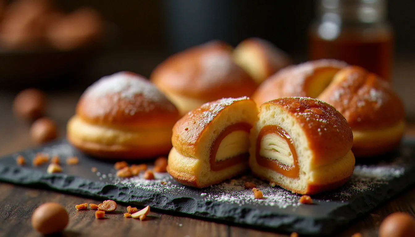 Assortiment de paris berst artisanaux sur une ardoise sombre, l'un coupé pour révéler la crème mousseline pralinée généreuse à l'intérieur, entouré de noisettes entières et d'amandes caramélisées