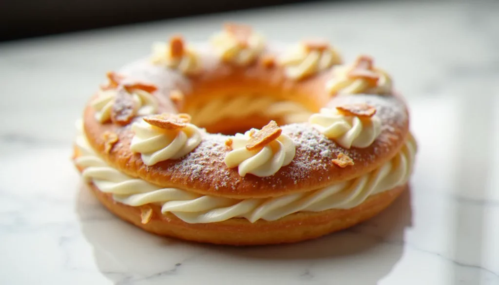 paris berst featured Paris berst artisanal posé sur un marbre blanc, couronne de pâte à choux dorée garnie de crème mousseline pralinée en rosettes et d'amandes effilées grillées saupoudrées de sucre glace