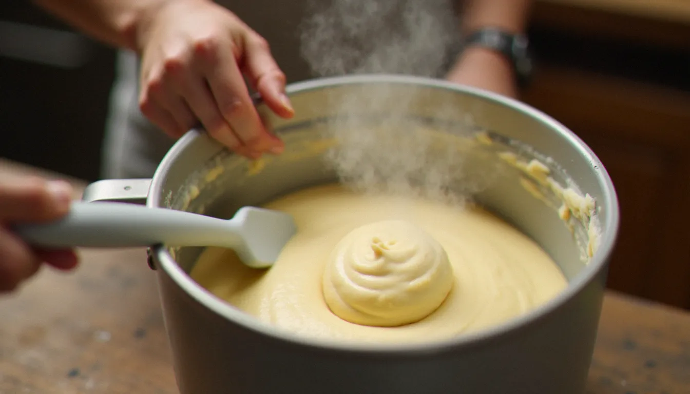 Pâte à choux lisse et fumante dans le bol du thermomix lors de la préparation d'un paris brest, avec spatule silicone et mains de chef