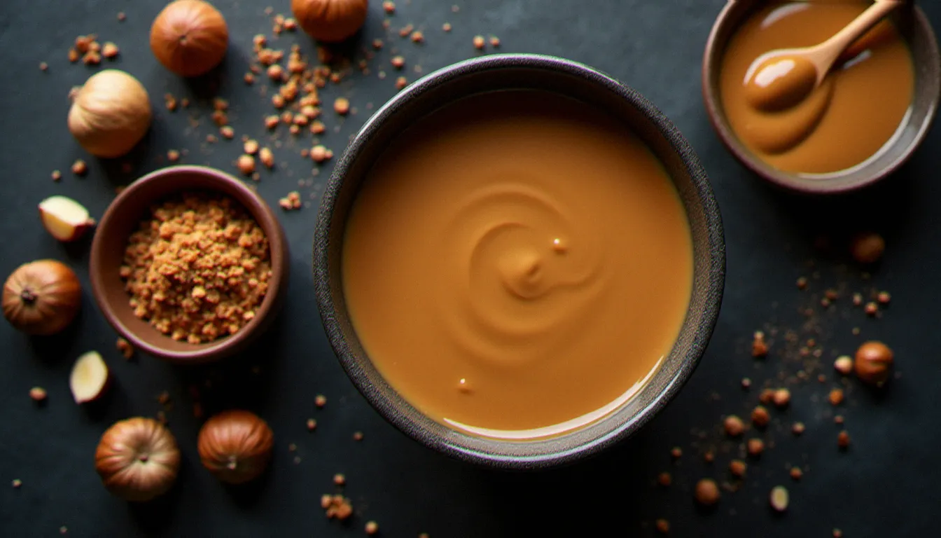 Crème pralinée onctueuse dans le bol thermomix entourée de praliné noisette artisanal et de noisettes torréfiées sur ardoise sombre