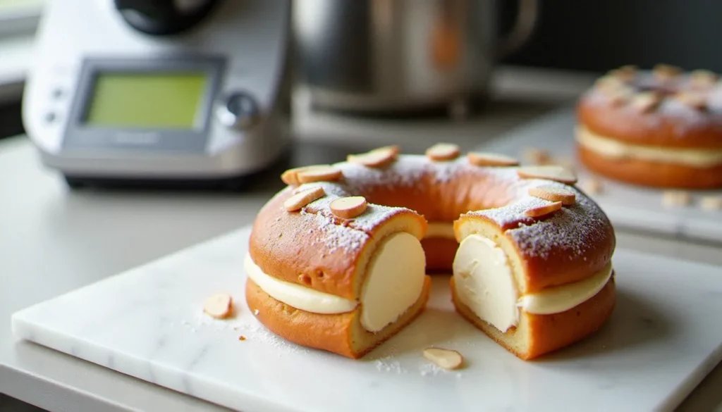 paris brest au thermomix featured Paris brest au thermomix présenté en coupe sur un plan de travail en marbre blanc, avec sa crème pralinée généreuse et sa couronne de pâte à choux dorée parsemée d'amandes effilées