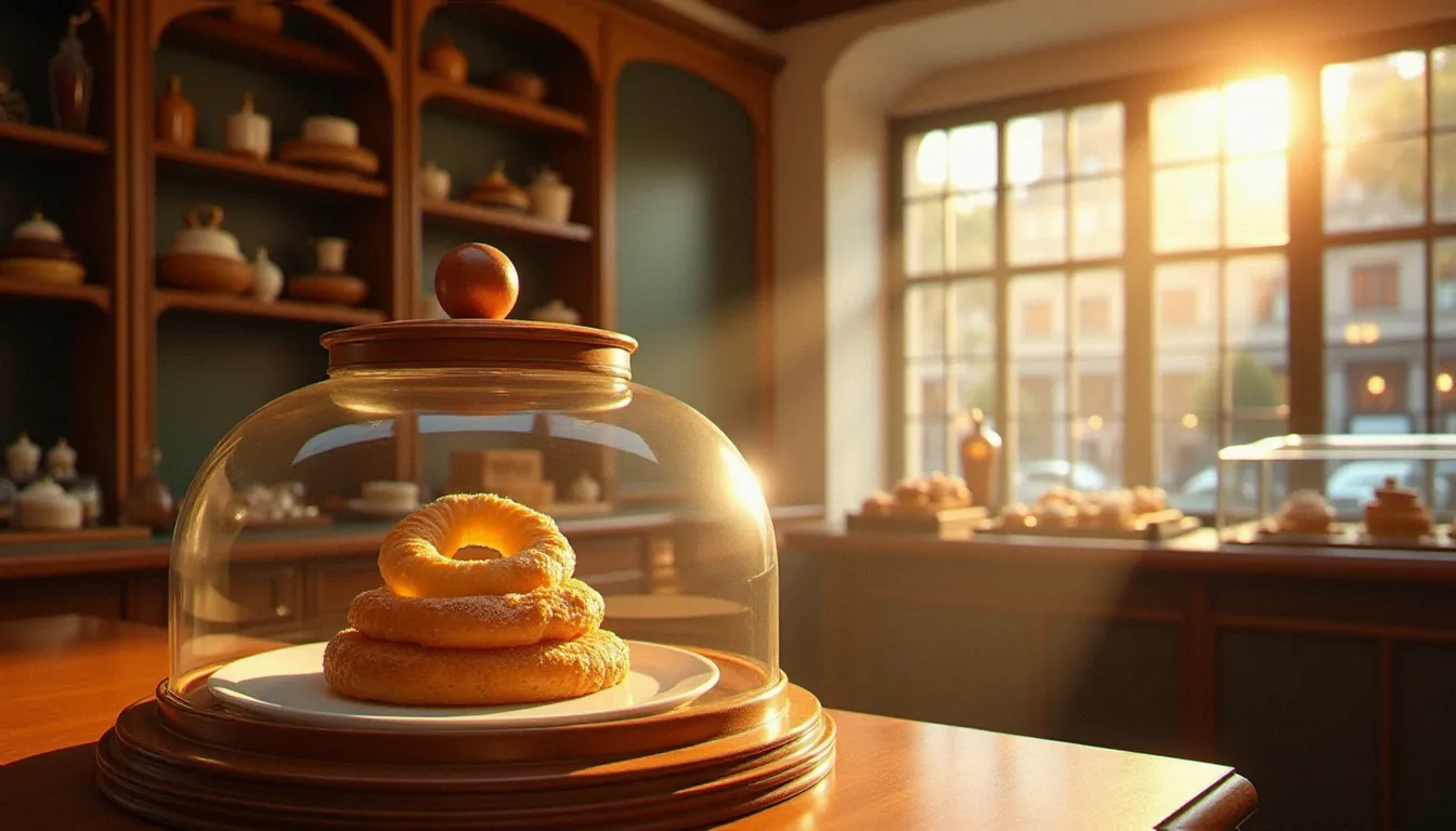 Vitrine d'une pâtisserie française ancienne aux tons chauds avec un paris-brest gateau exposé parmi d'autres viennoiseries traditionnelles françaises, lumière dorée d'après-midi