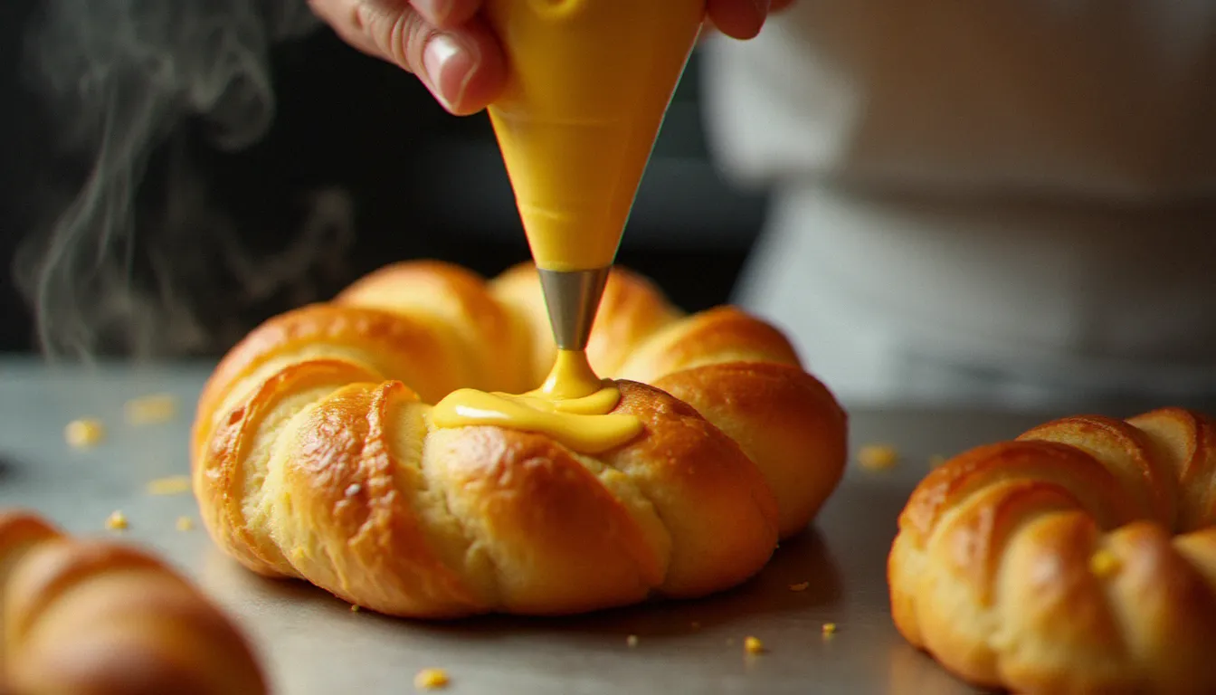 Mains expertes d'un chef pâtissier garnissant un paris-brest gateau de crème mousseline pralinée dorée à la poche à douille dans une cuisine professionnelle éclairée chaleureusement