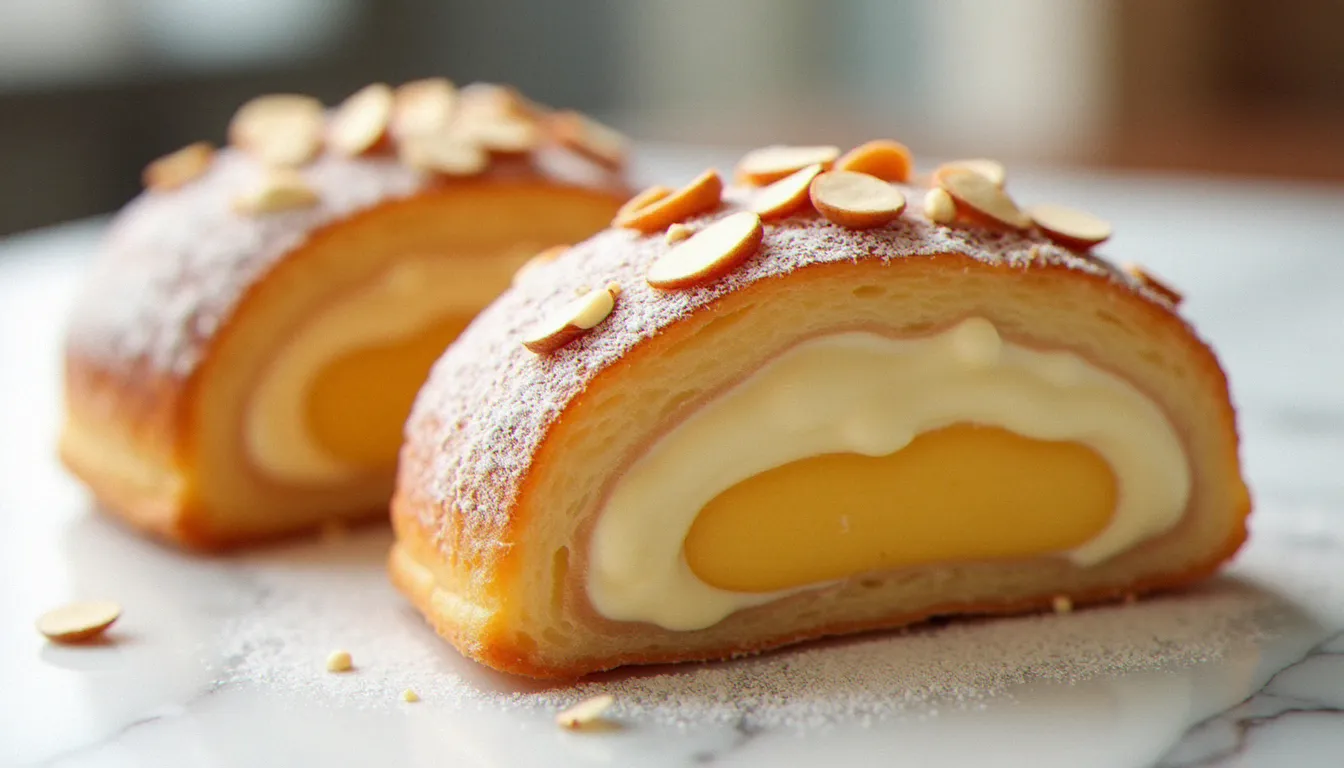 Paris-Brest gateau en couronne posé sur marbre blanc, coupé pour révéler une généreuse garniture de crème mousseline pralinée, saupoudré de sucre glace et parsemé d'amandes effilées grillées