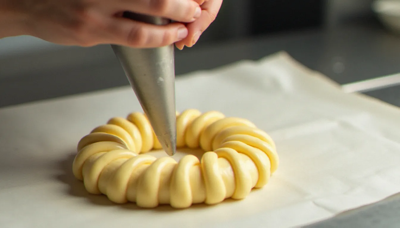 Mains d'un chef pâtissier en train de dresser la pâte à choux en couronne sur une plaque de cuisson recouverte de papier sulfurisé, étape clé de la recette paris-brest