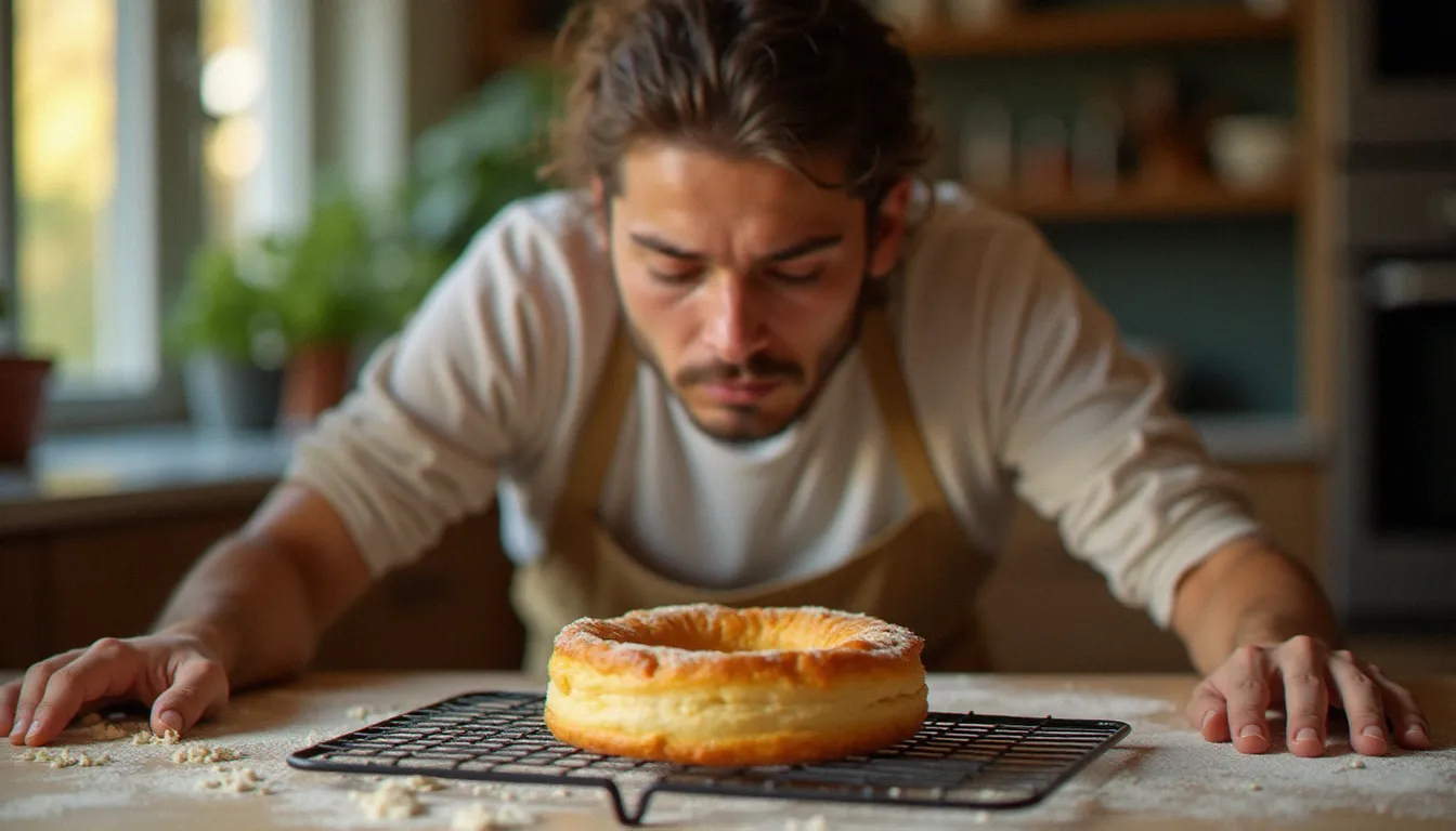 Couronne de pâte à choux affaissée et craquelée sur une grille de refroidissement dans une cuisine domestique, illustrant les difficultés courantes lors de la préparation du paris-brest à la maison