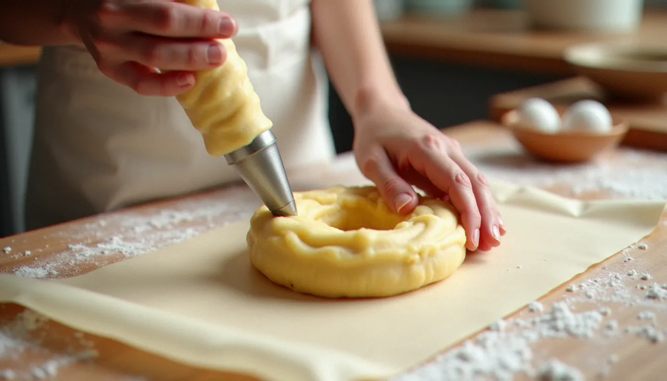 Mains d'un chef en train de dresser la pâte à choux en couronne sur papier sulfurisé pour la préparation d'une paris brest recette facile