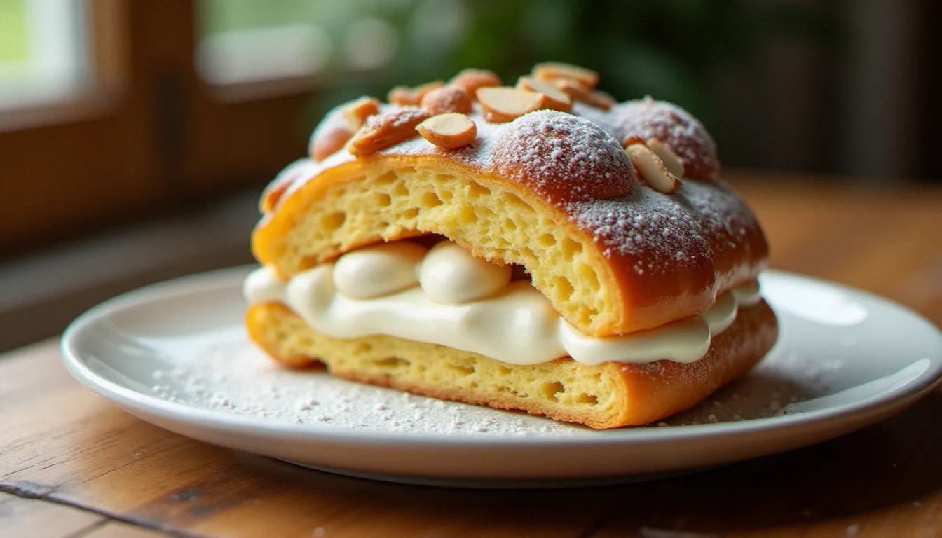 Un Paris-Brest maison coupé en deux révélant sa crème mousseline pralinée, recette facile réalisée à domicile, posé sur une assiette blanche avec sucre glace et amandes effilées