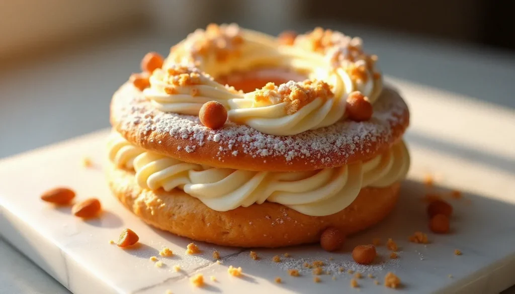 Paris-brest recette traditionnelle présentée sur un plan de travail en marbre blanc, couronne de pâte à choux dorée garnie de crème mousseline pralinée en rosaces et parsemée d'amandes effilées grillées