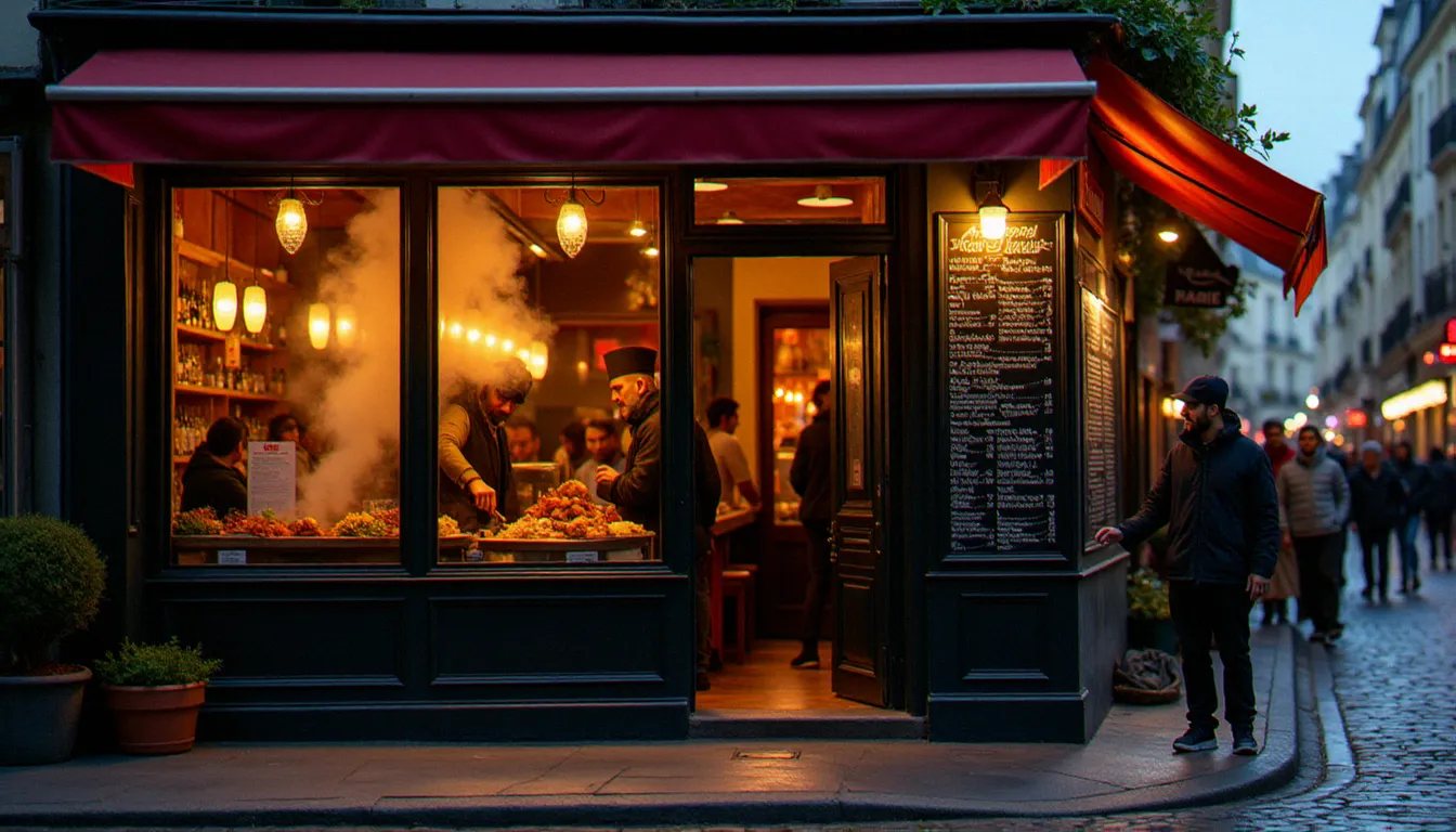 Devanture d'un restaurant paris halal éclairée à la tombée de la nuit dans une rue pavée, avec des clients à l'entrée et un tajine fumant visible à travers les vitres