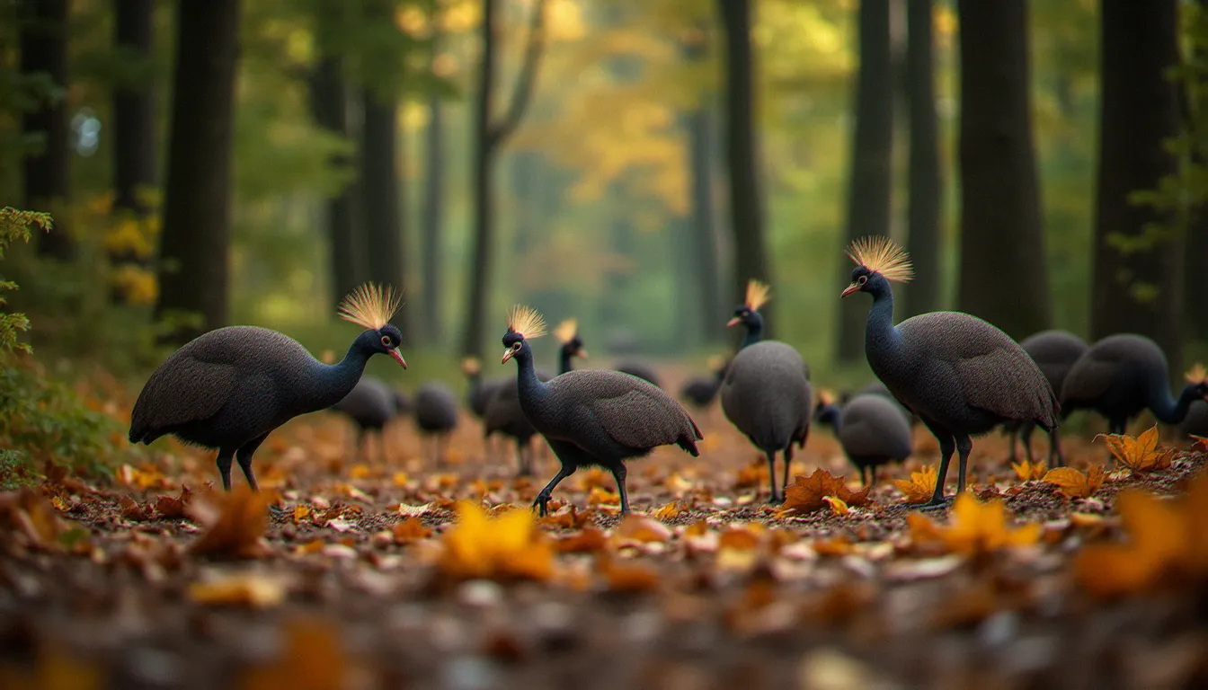 Pintades forestières en liberté se nourrissant dans le sous-bois d'une forêt française, lumière naturelle tamisée entre les chênes
