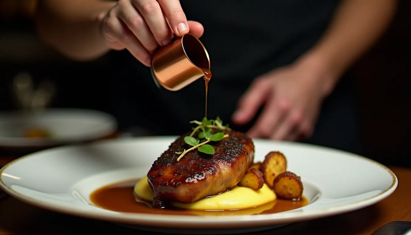 Filet de pintade forestière snacké nappé d'un jus de cèpes versé d'une casserole en cuivre, dressage gastronomique en restaurant