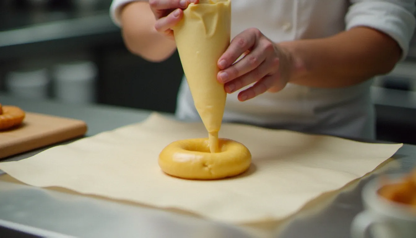 Les mains d'un chef pochant la pâte à choux en couronne sur une plaque recouverte de papier sulfurisé, étape clé de la recette des paris brest