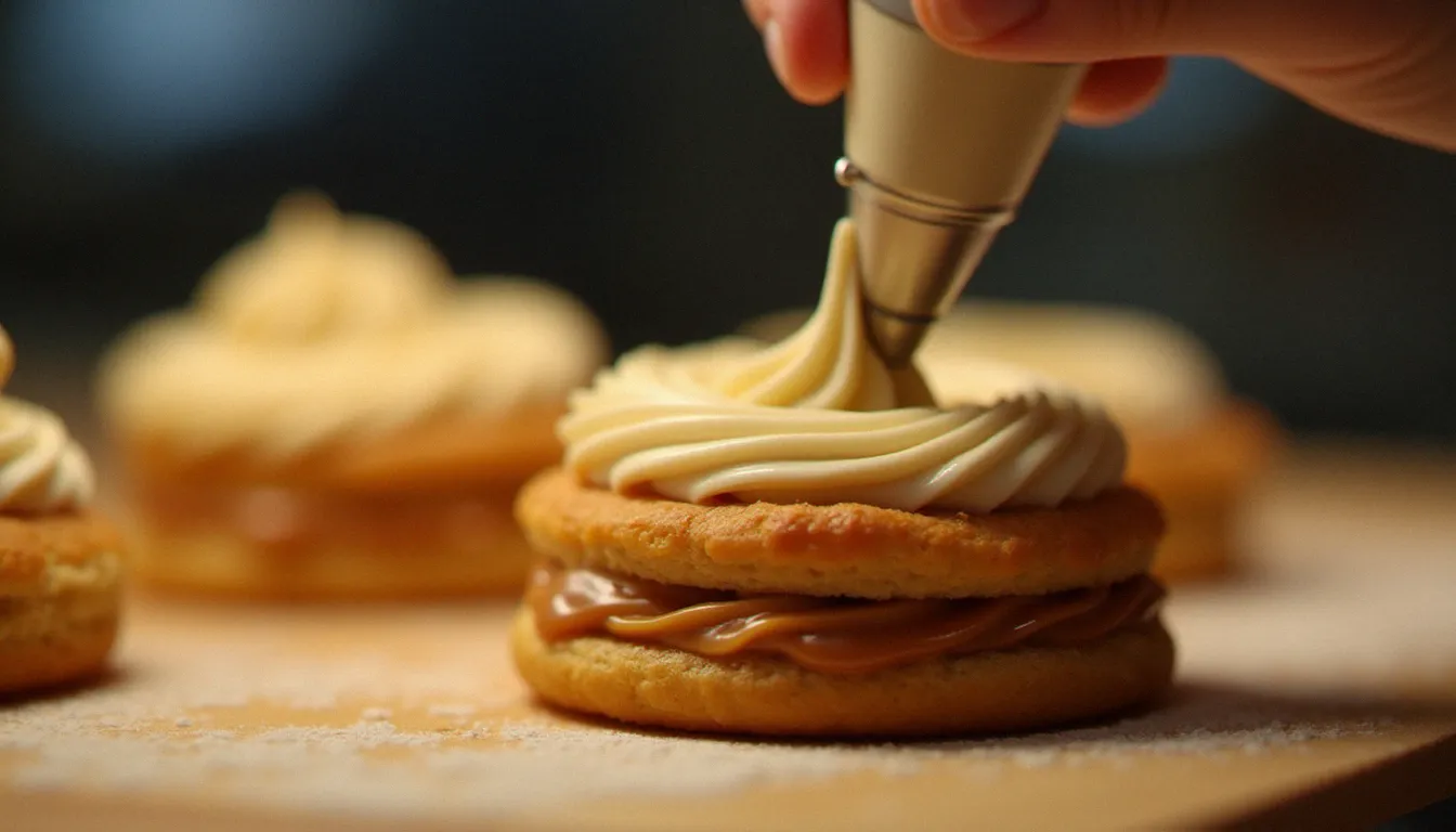 Montage d'un Paris-Brest en cuisine professionnelle, pochage de la crème mousseline pralinée avec une douille cannelée sur la base de pâte à choux, étape finale de la recette des paris brest