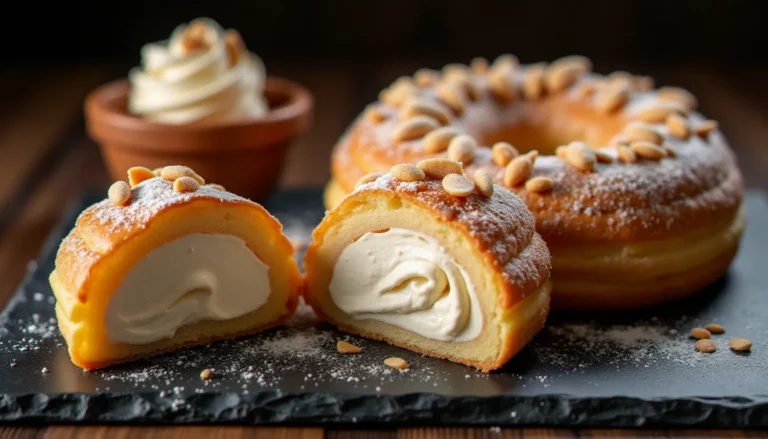 Une couronne de Paris-Brest coupée en tranche, révélant la crème mousseline pralinée généreuse, posée sur une ardoise noire saupoudrée de sucre glace, recette des paris brest façon chef