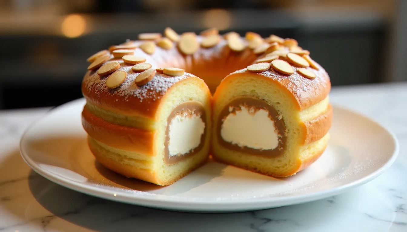 Paris-Brest en couronne dorée avec crème mousseline au praliné bien garnie, illustrant la recette du Paris-Brest traditionnelle