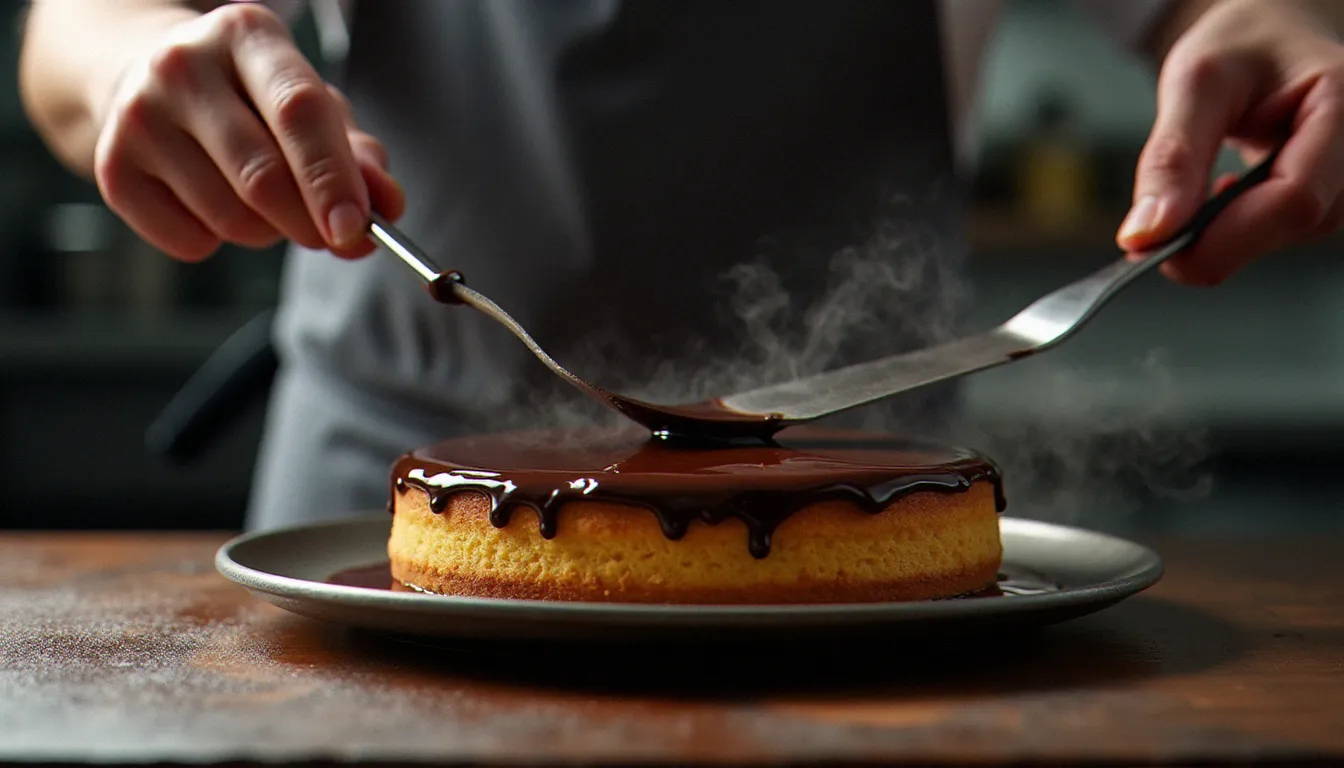 Mains de chef appliquant le glaçage miroir au chocolat sur un opéra lors de la finition de la recette opéra dans une cuisine professionnelle