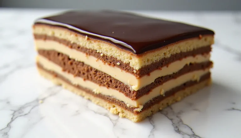 Tranche d'opéra classique révélant les couches alternées de biscuit joconde, crème au beurre café et ganache chocolat, recette opéra traditionnelle