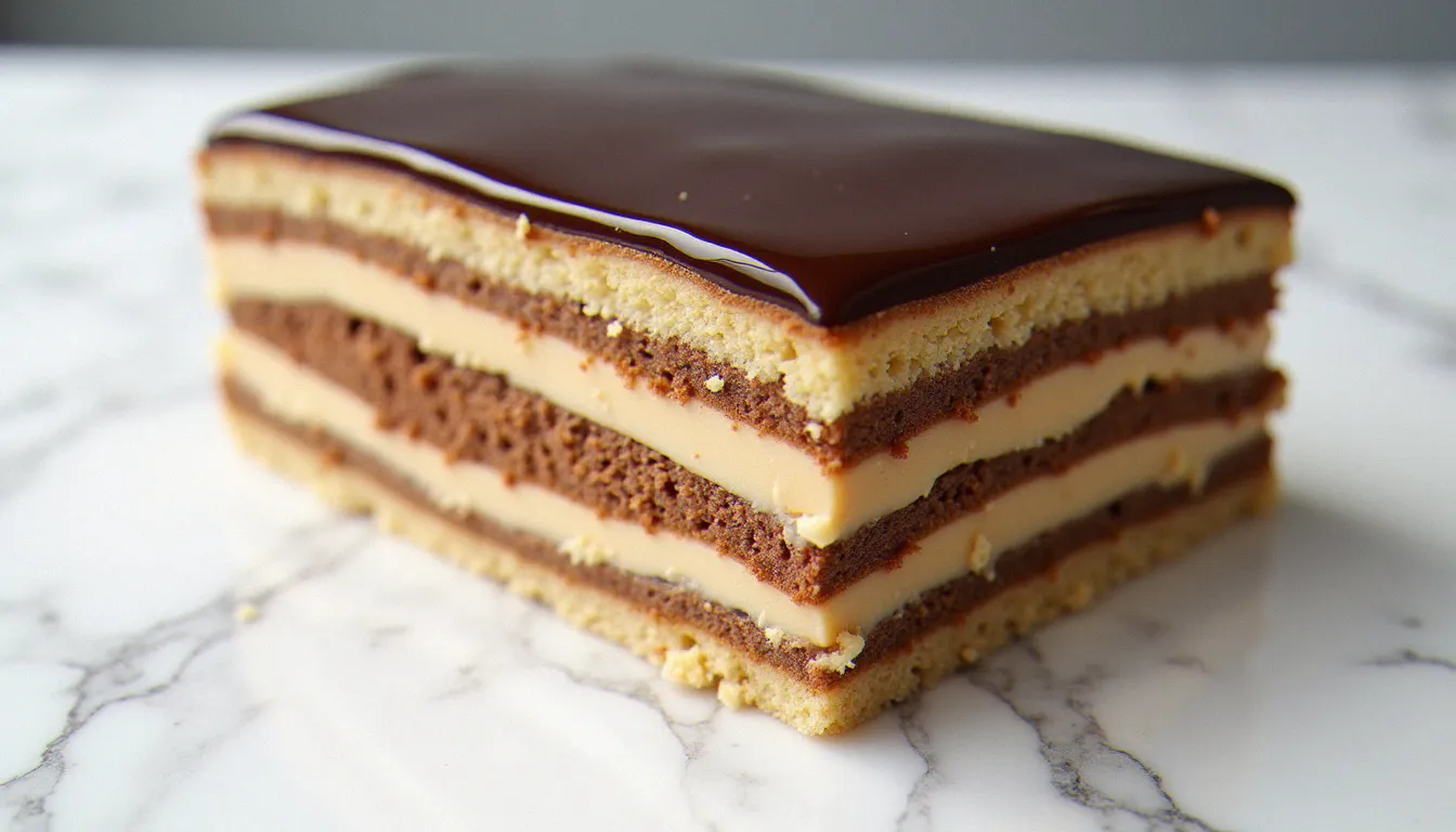 Tranche d'opéra classique révélant les couches alternées de biscuit joconde, crème au beurre café et ganache chocolat, recette opéra traditionnelle