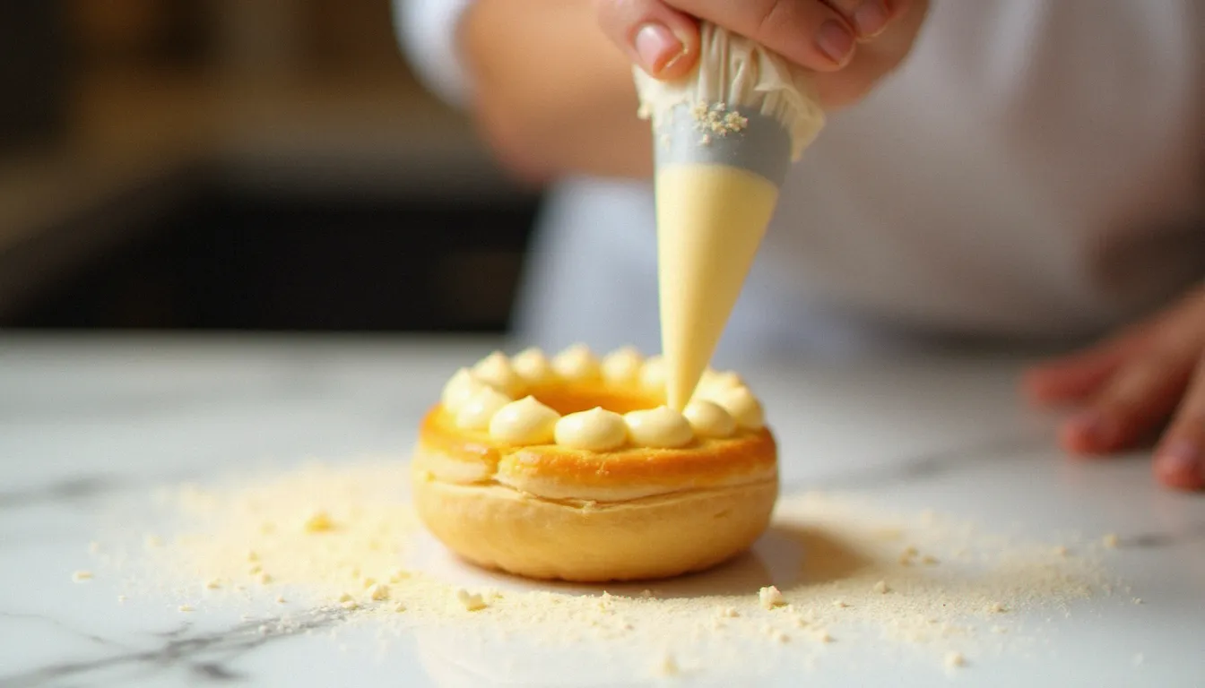 Mains de pâtissier pochant la crème mousseline pralinée dans une couronne de pâte à choux pour assembler un paris-brest maison