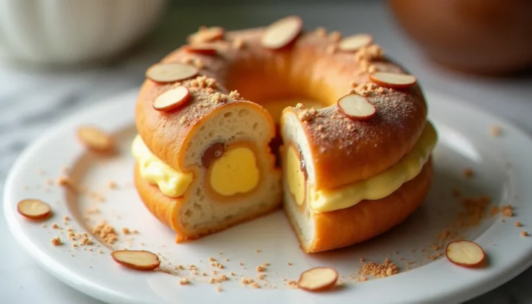 Paris-brest tranché révélant sa crème mousseline pralinée dorée, réalisé selon la recette pralin pour paris brest maison