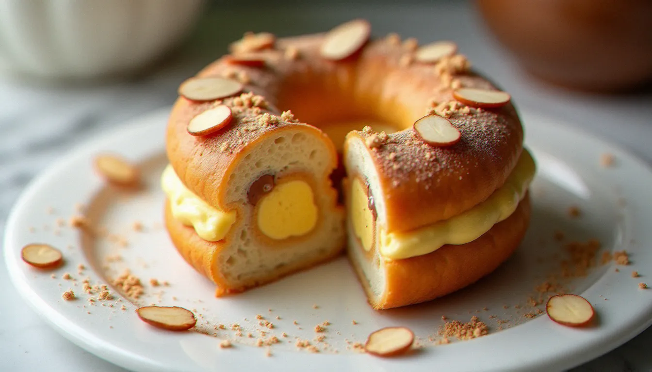 Paris-brest tranché révélant sa crème mousseline pralinée dorée, réalisé selon la recette pralin pour paris brest maison