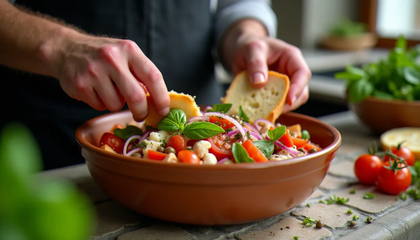 Mains d'un chef déchirant du pain rassis au-dessus d'un bol en terre cuite garni de tomates, câpres et basilic, technique de base pour réussir une recette salée avec reste de pain