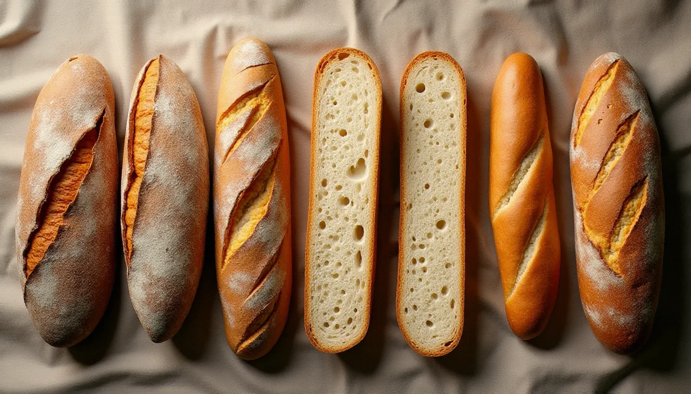 Vue du dessus de six variétés de pains artisanaux différents posés sur du lin, comparatif des types de pains utilisables pour réussir une recette salée avec reste de pain