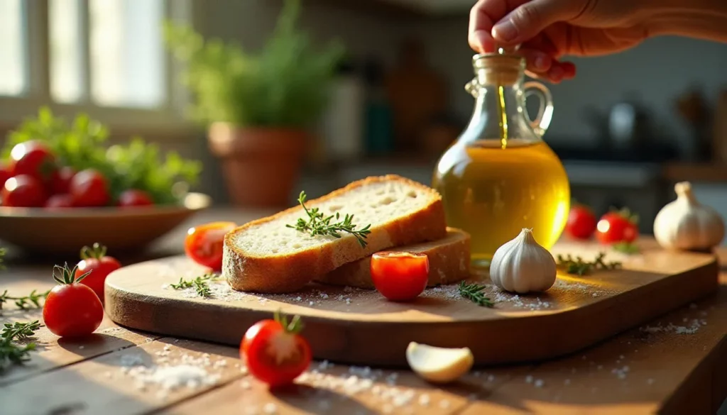 recette salee avec reste de pain featured Tranches de pain au levain rassis sur une planche rustique arrosées d'huile d'olive, avec herbes fraîches et tomates cerises, point de départ d'une recette salée avec reste de pain