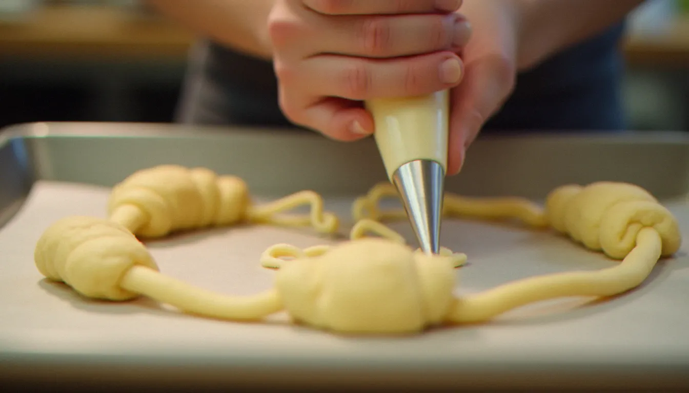 Un chef pâtissier poche la pâte à choux en couronne sur plaque de cuisson recouverte de papier sulfurisé, geste précis à la poche à douille cannelée en cuisine professionnelle