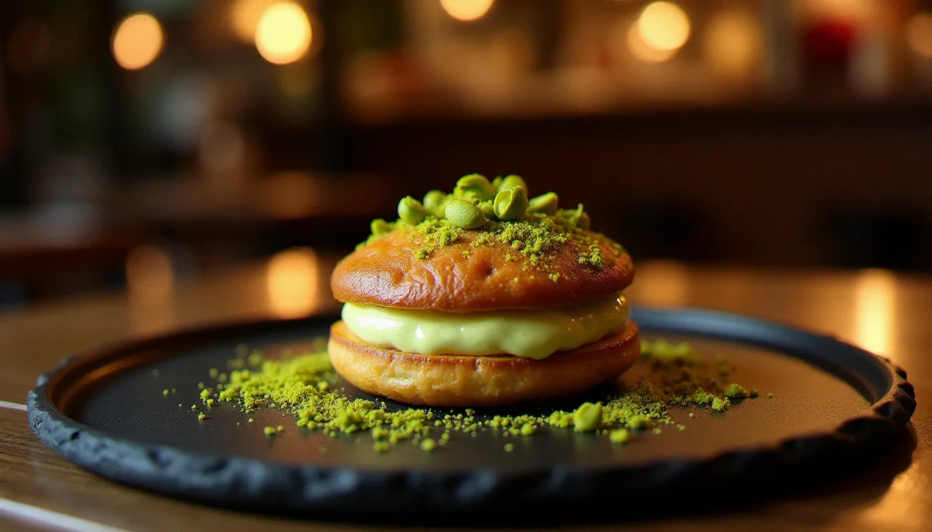 Un paris-brest revisité au praliné pistache surmonté de pistaches concassées torréfiées, dressé sur ardoise noire dans l'ambiance chaleureuse d'un restaurant méditerranéen