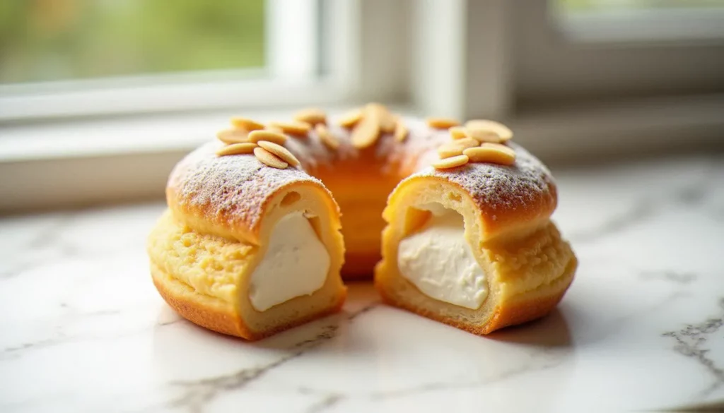 recettes paris brest featured Un paris-brest classique posé sur marbre blanc, couronné d'amandes effilées dorées et de sucre glace, avec la crème mousseline pralinée visible en coupe nette