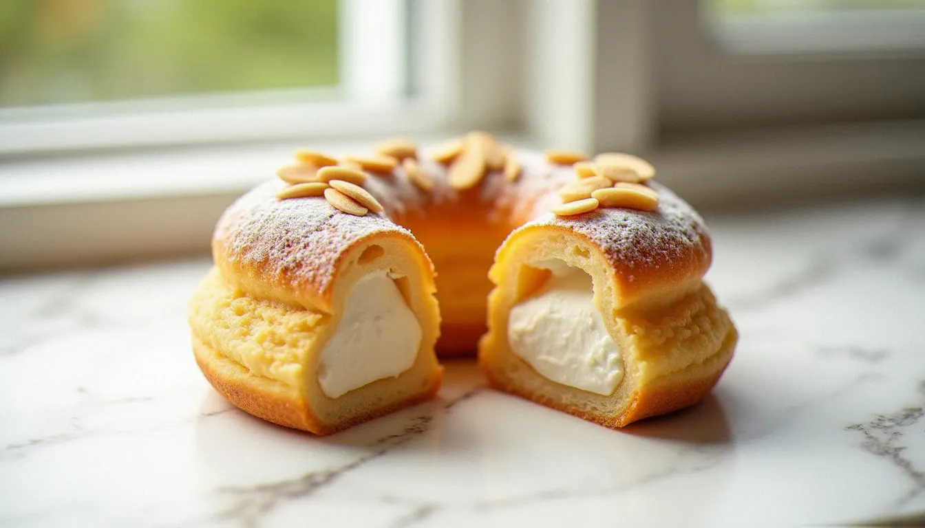Un paris-brest classique posé sur marbre blanc, couronné d'amandes effilées dorées et de sucre glace, avec la crème mousseline pralinée visible en coupe nette