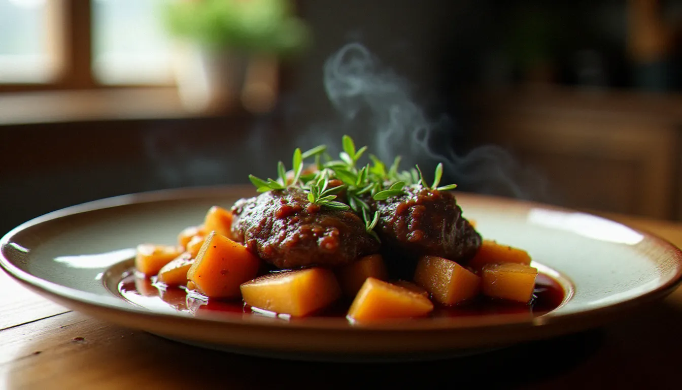 Plat de bœuf braisé aux légumes racines servi dans un restaurant à Guéret, sauce vin rouge brillante et herbes fraîches