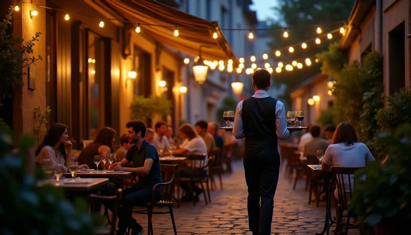 Terrasse de restaurant animée à Guéret en soirée, lumières tamisées, clients attablés dans une atmosphère conviviale et chaleureuse