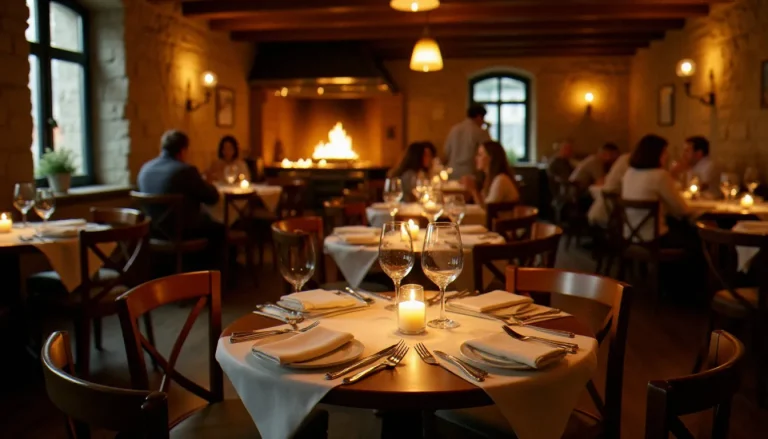 Salle chaleureuse d'un restaurant à Guéret avec tables en bois dressées, éclairage tamisé et cuisine ouverte visible en arrière-plan