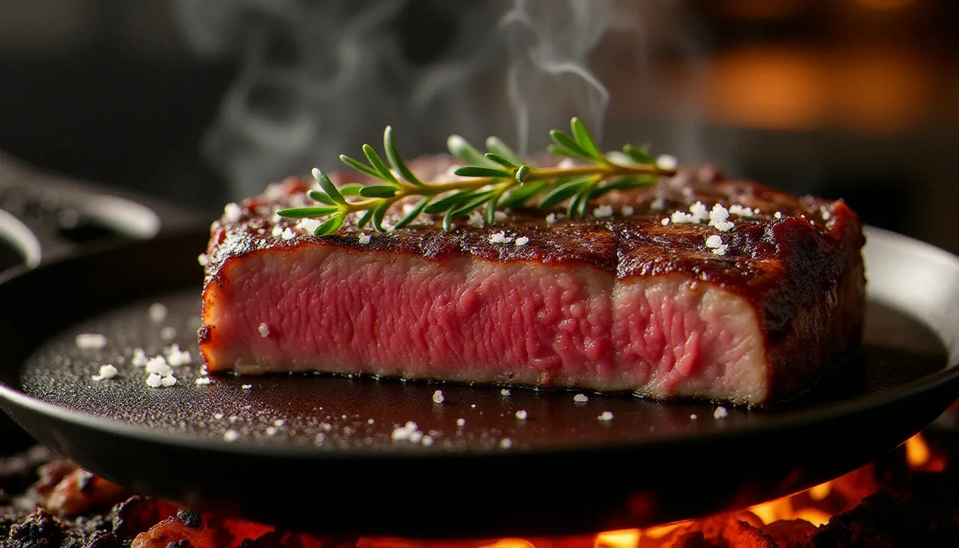 Côte de bœuf Black Angus saisie sur grill en fonte dans un restaurant Black Angus à Paris, révélant un persillage exceptionnel à la coupe saignante