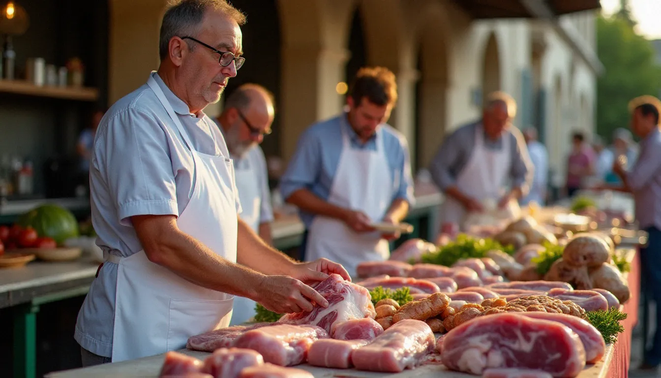 Chef périgourdin sélectionnant du foie gras frais sur un marché local en Dordogne, illustrant la démarche de qualité opposée au cauchemar en cuisine