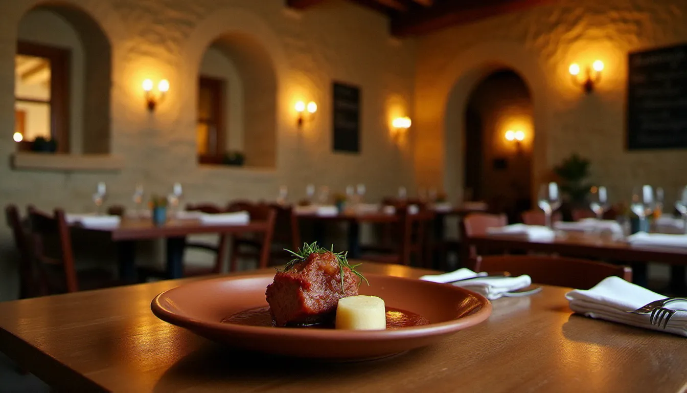 Salle de restaurant périgourdin avec table dressée, plat de magret de canard et ardoise manuscrite, illustrant le sujet d'un restaurant dordogne cauchemar en cuisine évité grâce à de bons signes