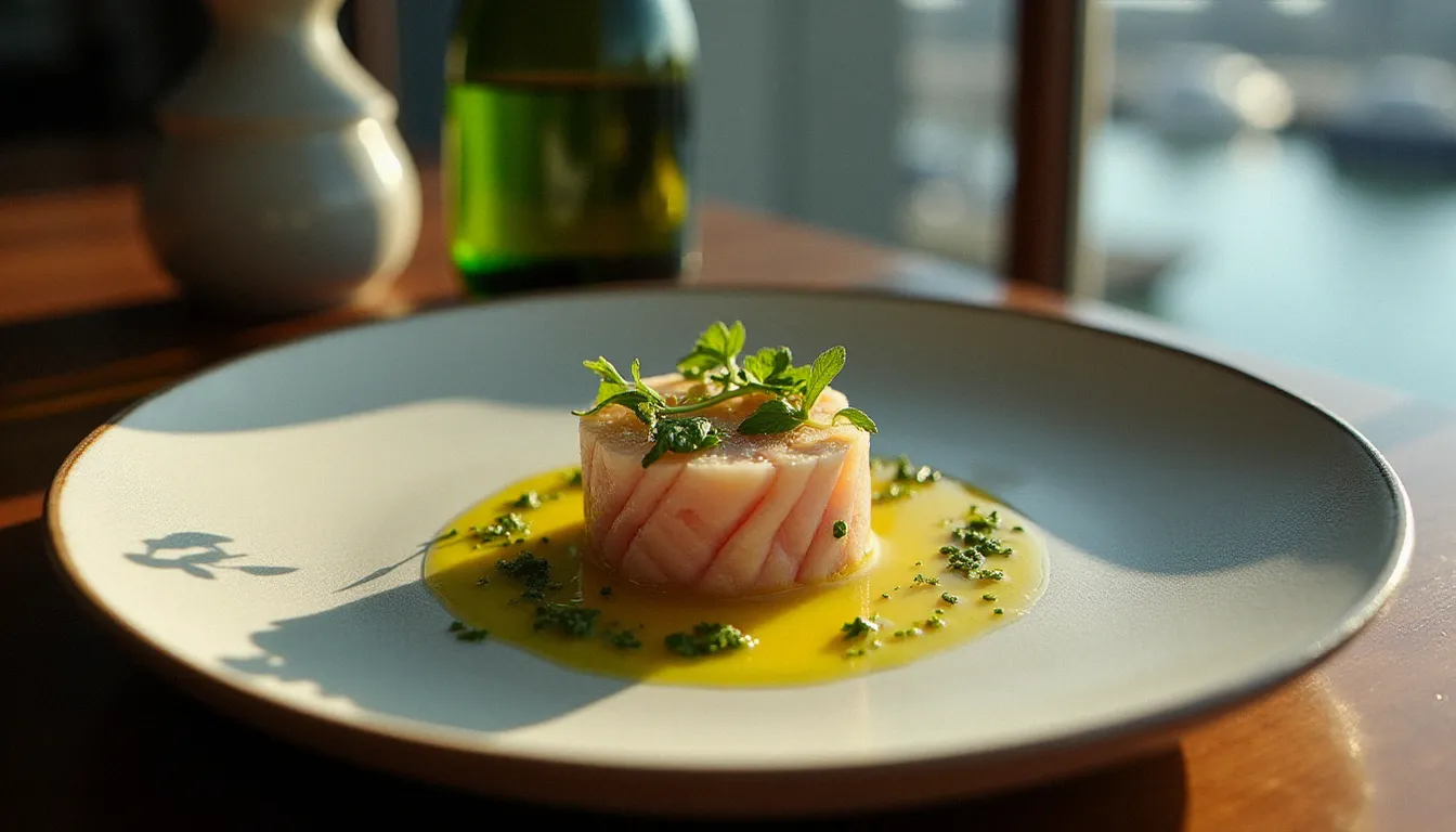 Assiette de tartare de maigre aux herbes fraîches dressée avec soin dans un restaurant en bord de Marne, lumière naturelle depuis la fenêtre donnant sur le fleuve