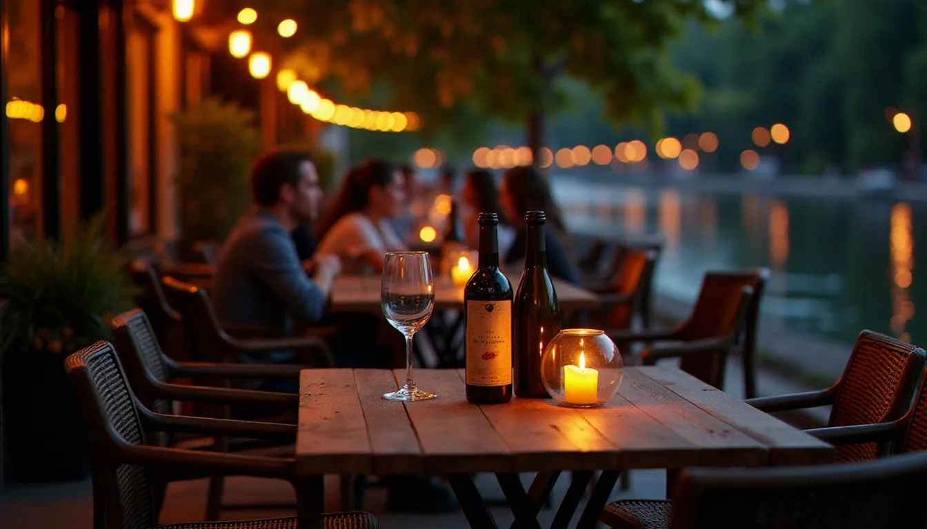 Ambiance de soirée sur la terrasse d'un restaurant en bord de Marne, lanternes allumées et reflets du crépuscule sur le fleuve