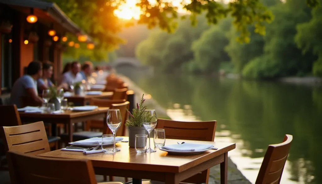 Terrasse d'un restaurant en bord de Marne à l'heure dorée, tables dressées face au fleuve avec reflets lumineux sur l'eau