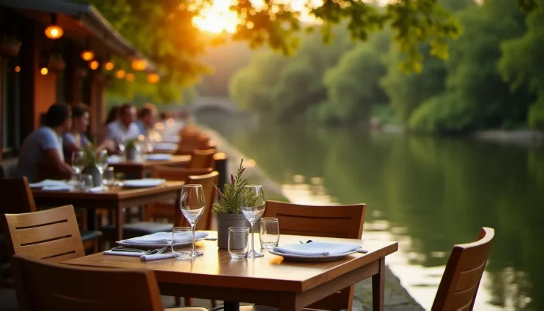 Terrasse d'un restaurant en bord de Marne à l'heure dorée, tables dressées face au fleuve avec reflets lumineux sur l'eau